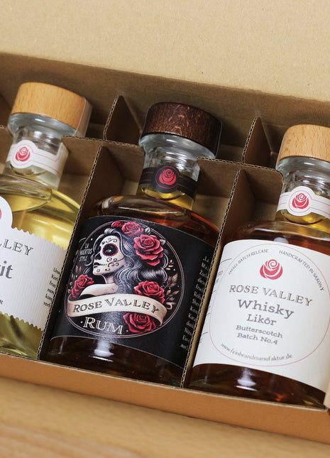 Rum „La Muerta“, Whisky Likör Butterscotch & Rose Valley Aquavit - Geschenkbox